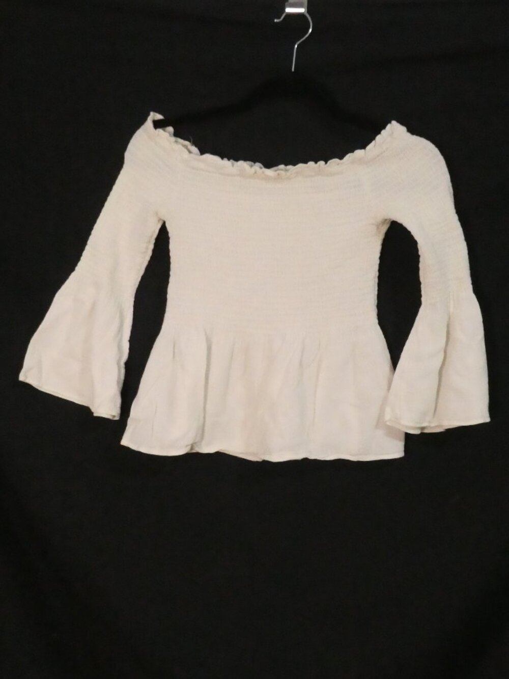 BERSHKA Cream Off-the-Shoulder Smocked Bell Sleeve Top - Size Small
